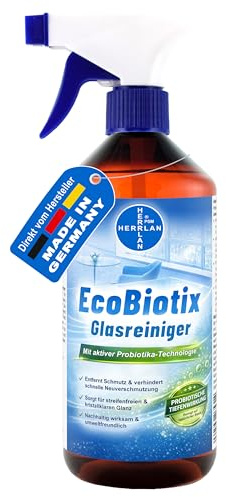HERRLAN® EcoBiotix - 1 Liter HOCHLEISTUNGS Glasreiniger | CHEMIKALIENFREI - Probiotischer tiefenreiniger für Glasflächen, Spiegel, Duschkabinen uvm. – Tiefenreinigung mit Probiotika