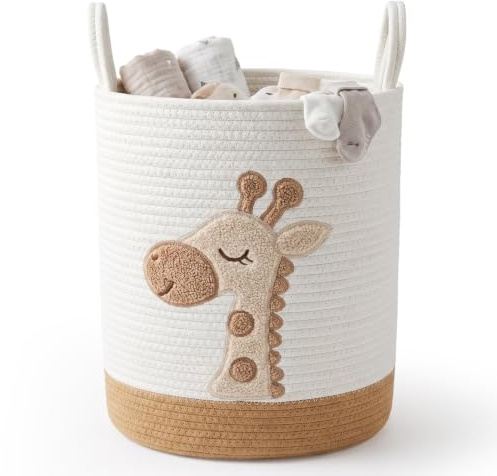 72L Großer Wäschekorb Kinderzimmer, Giraffe Geflochtener Korb aus Baumwolle mit Griffen, Runder Wäschesammler & Aufbewahrungskorb für Babyspielzeug, Kleidung und Decken, Wohnzimmer Dekoration-50x38cm