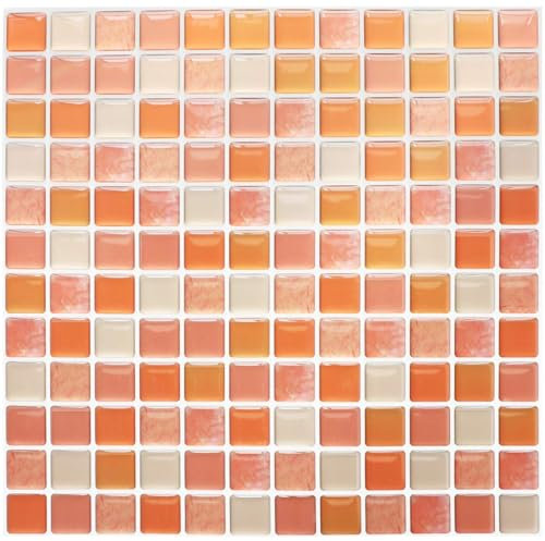 Yoillione Fliesenaufkleber Badezimmer Fliesenfolie Mosaik Fliesensticker Bad Fliesen Selbstklebend Fliesendekor, Orange 3D Fliesenaufkleber kKüche Fliesen Folie Wand Fliesen Aufkleber, 4er Pack