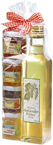 Geschenkset aus dem Allgäu | 250ml feinster handgemachter Holunderblüten-Sirup | Fruchtaufstriche-Honig Geschenkset | Handgemachte Fruchtaufstriche | Deutscher Honig (250ml+4x50g)