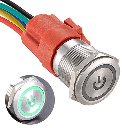 APIELE 19MM Verriegelung Druckschalter 12VDC 5A, Edelstahl mit LED Power Symbol wasserdicht Latch Drucktastenschalter, Auto RV LKW Boot EIN/AUS Taste Schalter (Silber Schale/Grün)