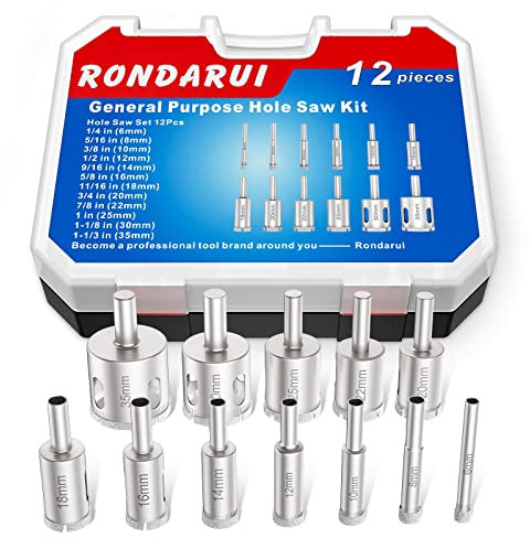 Rondarui Diamond Drill Bits Hole Saw Kit Diamond Drill Bit Set Hole Saw for Glass, Marble, Granite Stone, Bottles, Ceramics and Tile 1/4-1-1/3 (6mm-35mm),12PCS