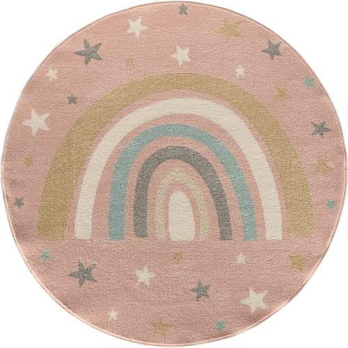 the carpet Beat Kids Moderner Weicher Kinderteppich, Weicher Flor, Pflegeleicht, Farbecht, Regenbogen Muster, Rosa, 120 cm Rund