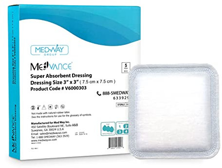 MedVance Super Absorbent Dressing, Non-Adhesive Pads for Wound Care, Pressure Ulcers & 1st/2nd Degree Burns, Superior Moisture Absorption, Box of 5 Dressings (3x3 Bandage, 1.75x1.75 Absorbent Pad)