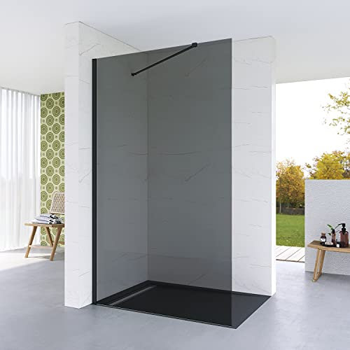 Duschabtrennung Duschwand Glas Walk in Dusche graues Glas 120 x 200 cm Grauglas Echtglas 8 mm Wandprofil schwarz matt Glastrennwand Nano Beschichtung verstellbarer Winkel Stabilisationsbügel