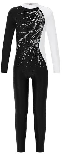 FEESHOW Mädchen Ganzanzug Ballettanzug Langarm Patchwork Gymnastikbody Tanz Trikot Mit Strass Kinder Sport Overall Jumpsuit Weiß 170-176/15-16 Jahre
