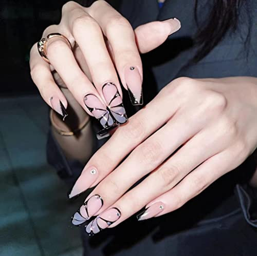 JUSTOTRY 24 pcs Papillon Faux Ongles Long avec Jewels Motif,Noir French Press on Nails,Coffin Faux Ongle avec Colle Pour Femme et Ado,Ballerina Moyen Faux Ongles à Coller avec Nail Art