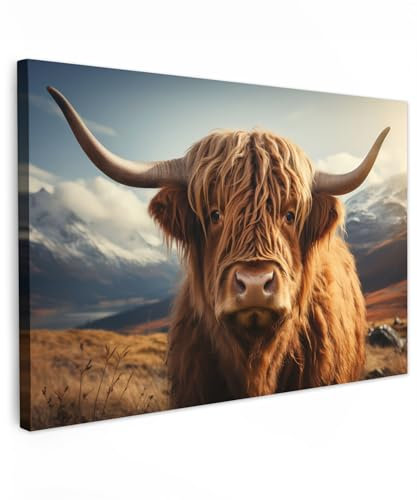 MuchoWow© Wandbilder Groß 120x80 cm XXL Schlafzimmer Home Deko Wohnung Bild Wohnzimmer Fotoleinwand Wand Bilder Leinwand Wall Decor Schottische Hochlandrind - Kuh - Hörner - Berge - Landschaft