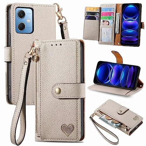 TUUNKMUY Handyhülle für Fairphone 5, Reißverschluss Flip Case Liebe Lederhülle Magnetverschluss Brieftasche mit Kartenfächern Standfuntion Ledertasche für Fairphone 5, grau