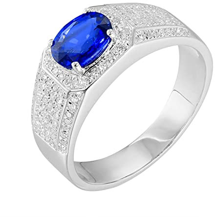 AMDXD 18 Karat Au750 Weiß Gold Verlobungsring Herren, 1.29ct Labor Erstellt Saphir Solitärring Blau, Ewigkeit Trauringe 750 Weißgold mit Moissanit Herren Echte Goldschmuck, Gr.48 (15.3)