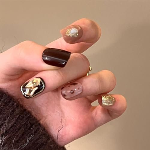 24pcs Short Square False Nails Burgundy Brown Stick on Nails Glitter Gold Press on Nails Removable Glue-on Nails Full Cover Acrylic Fake Nails Set Women Brides Nail Art Accessories