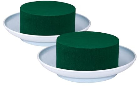 Nass Steckschaum Rund 12x6cm 2er Set mit Schale D.19cm - für Profi Floristen & Hobby Bastler - Frischblumen Steckschwamm - Blumen Steckmasse - Floristik Zubehör & Floristikbedarf - Grün Weiß