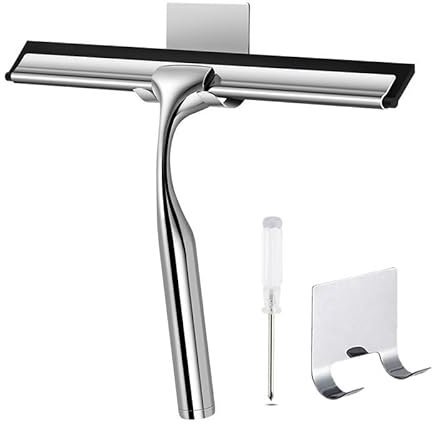 Raclette de douche en acier inoxydable avec crochet à ventouse, idéale pour le nettoyage de vitres de voiture, miroir, fenêtre, argent