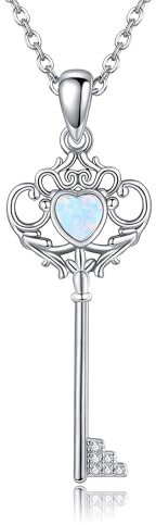 HUKKUN Key Necklace Sterling Silver Key Pendant Necklace with Heart Opal for Women Key Jewelry for Women Wife Mother