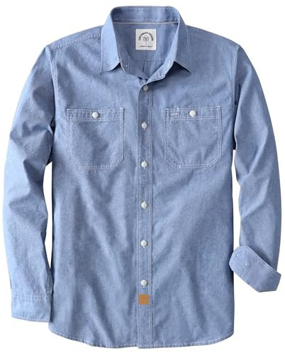 Dubinik® Chambray Shirt Men Long Sleeve Cotton Work Shirts with 2 Pockets Casual Button Down Light Blue