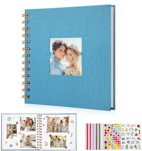 DazSpirit Leinen Fotoalbum zum Selbstgestalten, 17,5 x 17,5cm, 40 Weißen Seiten Fotobuch zum Einkleben mit Frontfenster, 5 Aufkleber, DIY Geschenk für Baby, Familie, Jahrestag, Geburtstag (Blau)