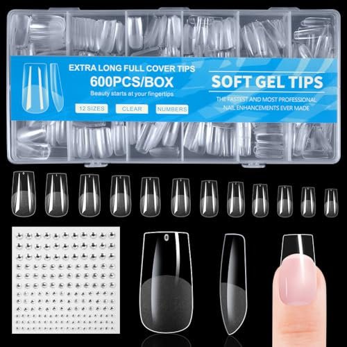 BUTBU Medium Square Nail Tips 600Pcs Soft Gel Full Cover Nails-Tips, Clear Acrylic False Press on Nail Tip, 12 Sizes NAIL Extensions Kit for DIY Manicure Art Salon
