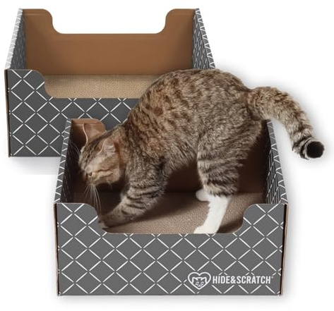 Hide & Scratch Cardboard Cat Scratcher Box & Bed - Dark Grey Diamond (2 Pack) | Double-Sided Corrugated Pad for Indoor Cats | Refillable Scratching Board Toy for Play & Furniture Protection