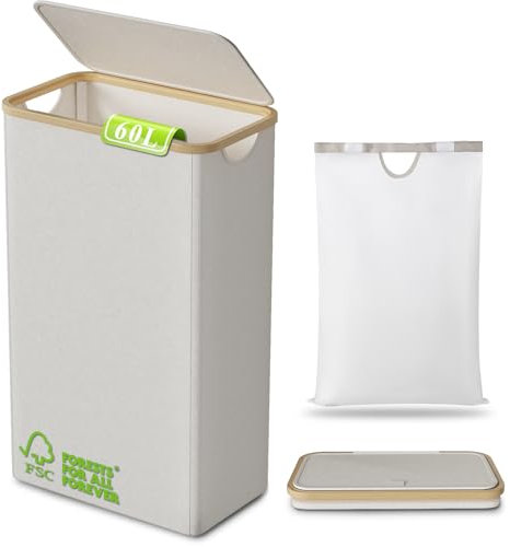 DOKRVLOQ 60L Wäschekorb Schmal mit Deckel – Schlanker faltbarer Wäschesammler aus Bambus, Laundry Basket waschbare Innentasche & Tragegriff für Wohnung/Wohnheim/Camping (Beige)