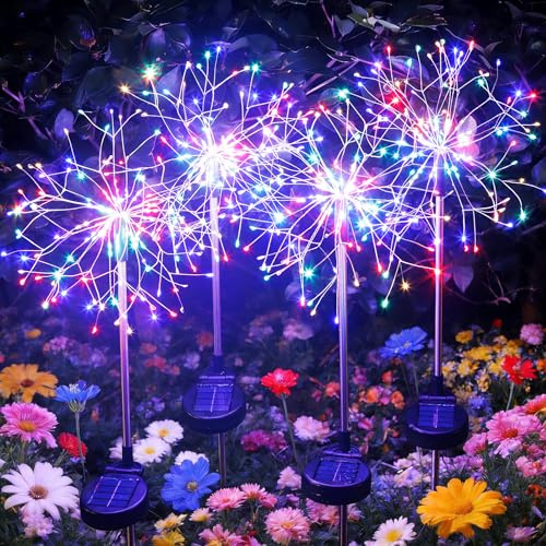 INMKALI Solar Garden Lights Outdoor Yard Decorations, 4 Pack 150Leds Pathway Light, Fairy Firework Stake Lights for Garden, Patio, Pathway, Flowerbed Multicolor