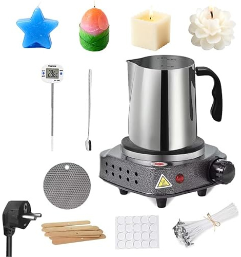WRQIOO Wachsschmelztopf Elektrisch 900ml, 500W Wachsschmelzer, Kerzenwachs Schmelztopf mit Thermometer, 100 Dochten, 100 Dochtaufklebern, 10 Dochthalter & Rührlöffel, Anti-Verbrühung Silikonmatte