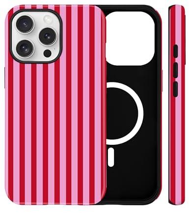 Jusy Magnetische Gestreifte Hülle für iPhone 14 Plus, Rot | Aesthetic Striped Sommer Muster Handyhülle, Kompatibel mit MagSafe, Zweischichtige Stoßdämpfend