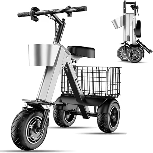 Portable Folding Electric Tricycle, 3-Wheel Mobility Scooter with Reverse, Key Switch, 330 Lbs Load, Dual Suspension, 30-50 KM Range, 36V 10Ah Battery
