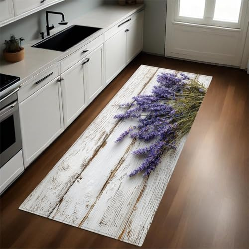 Lila Küche Bodenmatte Florales Lavendel-Holzmaserung rutschfest Waschbar Fußmatte Läufer Flurteppich Teppich Küchenläufer Küchenteppich 60x120 cm