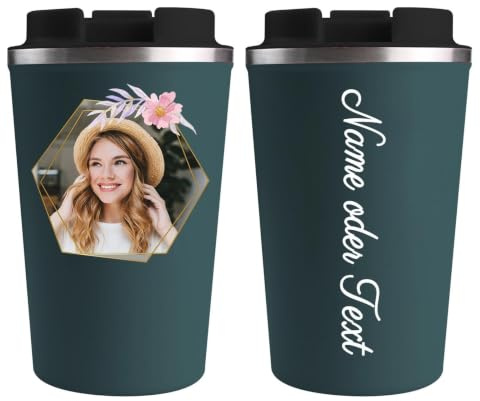 loongway Thermobecher Personalisiert mit Foto, Namen & Rahmenmotiv 380ml | Erinnerungsbild mit Wunschtext | Dekorative Umrandung | Zwei Trinkoptionen | Büro & unterwegs | Geschenkidee