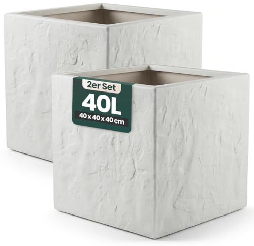 Kreher® Pflanzkübel Anthrazit/Hellgrau - Blumentopf Kunststoff Steinoptik - frostfest & UV-beständig - 30x30x30, 40x40x40, 60x30x30 cm - 1er/2er Set Balkon Garten (2, Hellgrau, 40 x 40 x 40 cm)
