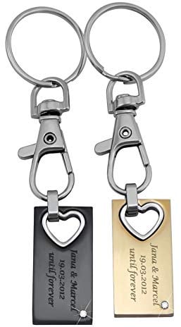 Hanessa Schlüsselanhänger personalisiert 2 Stück Herz mit Stein | Gravur Set Edelstahl Silber schwarz Gold | Personalisierte Schlüsselanhänger für Paare, Partner, Freunde, Familie