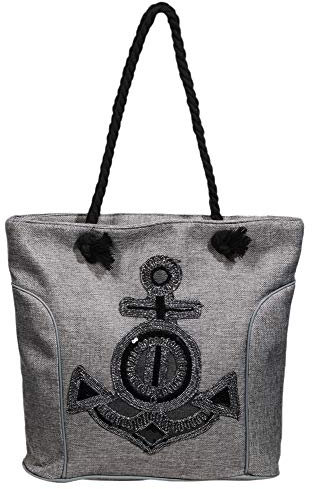 ChamCham Damen-Handtasche Baststoff Anker Schultertasche Henkeltasche 44x35cm (Grau)