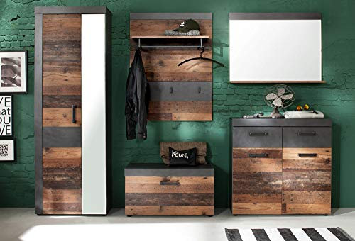 Newfurn Garderobe Komplettgarderobe Industrial Garderobenschrank Flurgarderobe Flurmöbel Schrank II 265x192x 37 cm (BxHxT) II [Damian.Two] in Old Wood/Graphit Grau Matera Flur Diele
