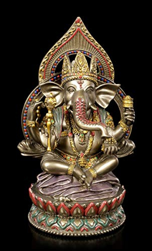 Figuren Shop GmbH Buddha Figur - Ganesha auf Lotus Thron | Dekofigur, bronziert und coloriert, H 20 cm