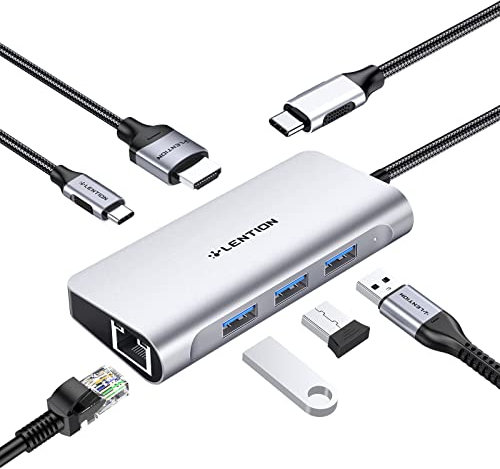 LENTION USB C Hub con 4K HDMI, Gigabit Ethernet, 3 USB 3.0 e ricarica di tipo C compatibile con 2024-2016 MacBook Pro, Nuovo Mac Air/Surface, Chromebook, più, adattatore driver stabile (CB-C65)