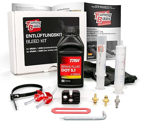 TB Entlüftungskit für SRAM/AVID Scheibenbremsen (Inkl. Bleeding Edge) – Komplettes Set inkl. DOT 5.1 Bremsflüssigkeit, Anleitung & Bleedblock für Bremsen wie Avid Elixir SRAM Code etc.