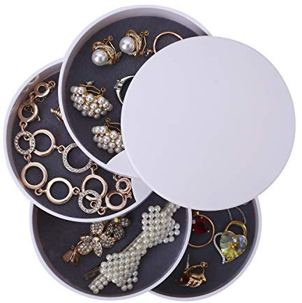 Ulikey Runde Form Schmuckkästchen, Tower Kosmetik Organizer, 4 Ebenen Drehbar Schmuckschatull, Schmuckaufbewahrung für Ringe Ohrringe Halskette,Geburtstag Mädchen Frauen Geschenk (Weiß)