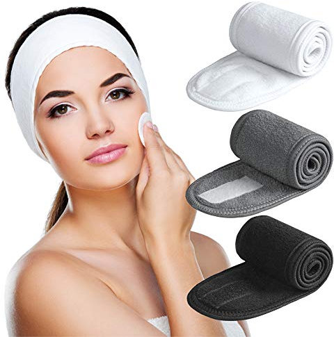 Serre-tête de spa pour visage 3 points réglable avec ruban magique pour maquillage et sport Noir + blanc + gris.