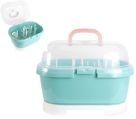 Baby Bottle Drying Rack Storage Large Nursing Bottle Storage Box Organizer with Cover Protect from Bugs Dust Portable Kitchen Cabinet Organizer, Green and Pink