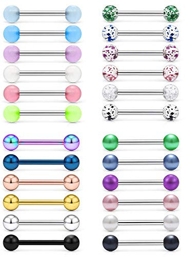 vcmart 24stk Zungenpiercing Set 14G Chirurgenstahl Piercing Zunge Tongue 12/14/16/18mm Stab Verschiedene Kugeln