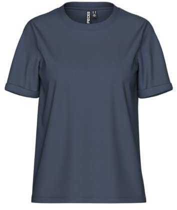 PIECES Pcria Ss Fold Up Solid Tee Noos Bc Femme T-shirt, Bleu Gris, L