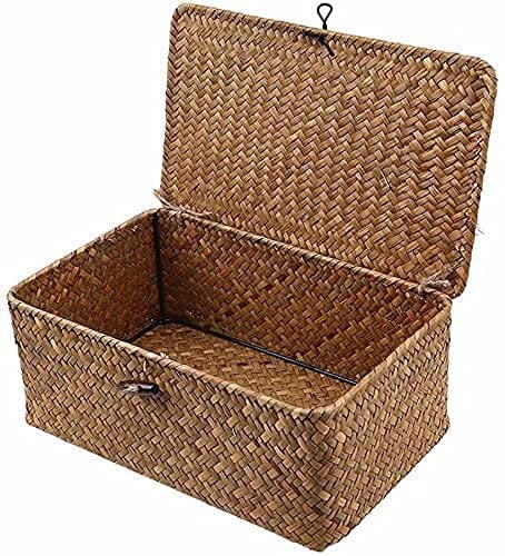 Cestino Portaoggetti, Seagrass Cesta Vimini con Coperchio Rattan Intrecciato Fatto a Mano (Grande 29X19X12CM)