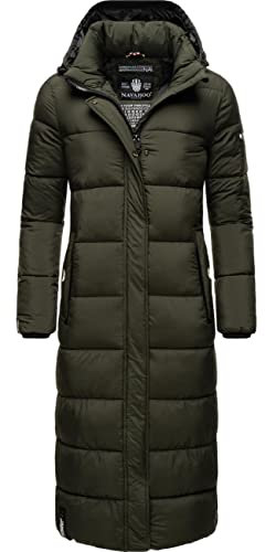 Navahoo Damen Wintermantel Warmer Steppmantel lang mit Abnehmbarer Kapuze Isalie Dark Olive Gr. XL