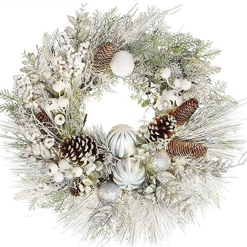 Ø61cm Weihnachtskranz Künstlicher Kranz mit 30 LED-Licht, Tannenzapfen, Beeren und roter Weihnachtsblume für Haustür, Hauswandbehang oder Weihnachtsdekoration, Winterschmuck