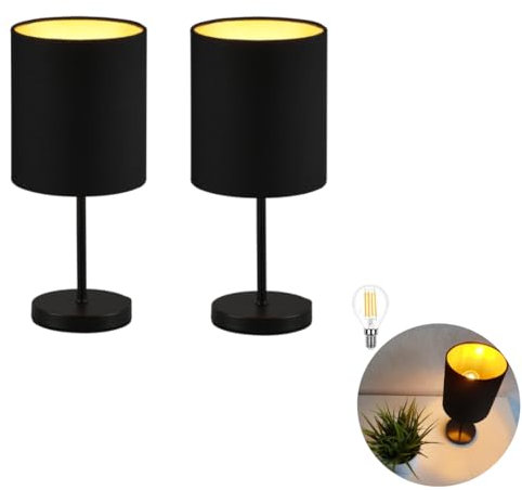2er Set LED Nachttischlampe modern LED Tischlampe Tischleuchte Stoffschirm Schlafzimmer, Fensterbank, Wohnzimmer, Arbeitszimmer, Beistelltisch incl. 3W LED (schwarz gold vintage LED)