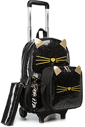 Egchescebo Rucksack Mädchen Schulranzen Trolley Schulrucksack Teenager 5PCS 16” Kinder Schultrolley Geeignet für Schule und Reise,Abnehmbarer rosafarbener Panda-Trolley-Rucksack (Schwarz-L)