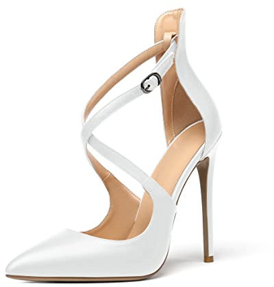 Elashe Femme Escarpins Talon Stiletto Bout Pointu Bride Cheville Talon Aiguille Soirée High Heels Sexy Blanch EU38