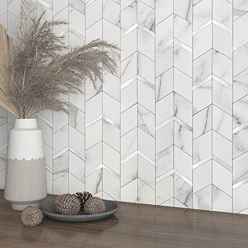 M MOFIT Marble Peel and Stick Tile Stickers for Kitchen,Self Adhesive Mosaic Wall Tiles for Bathroom Diamond(5Sheets,White Silver)