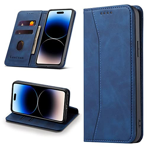 Leaisan Handyhülle für iPhone 14 Pro Hülle Premium Leder Flip Klappbare Stoßfeste Magnetische [Standfunktion] [Kartenfächern] Schutzhülle für iPhone 14 Pro 5G Tasche - Blau