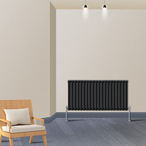 Warmehaus Horizontal Column Radiator Oval Panel Double Black 600x1180mm | Designer Radiators, Modern Central Heating, Bathroom Kitchen Hallway Living Room, Corrosion Resistance, Wall Mounted